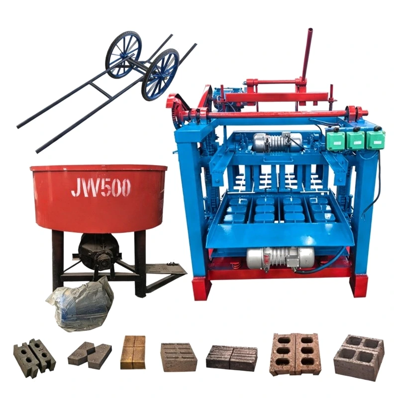 Mobile block making machine supplied with a JW500 mixer, barrow and a row of sample blocks